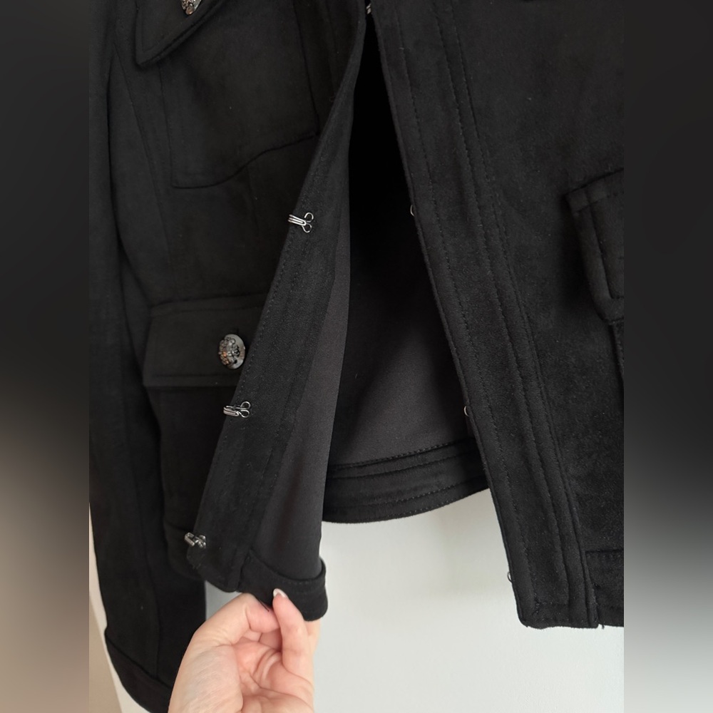 Carmen Marc Valvo Black Faux Suede Military Jacket Medium | Pockets - Picture 5 of 10
